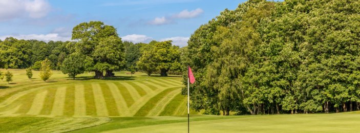 A perfect stripe-mown parkland fairway leading to a red flag